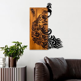 Wallity Peacock Accesorio decorativo de pared de madera y metal, Nogal y negro